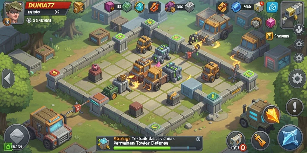 Tampilan permainan DUNIA77 dengan aksi Tower Defense yang intens.