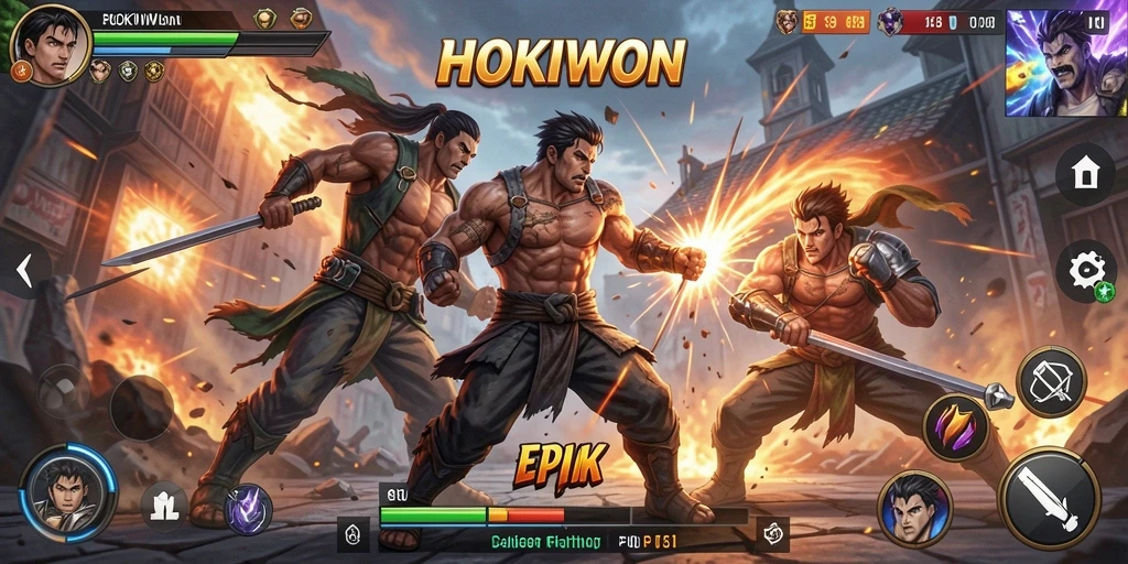Tampilan gameplay HOKIWON dengan pertarungan seru yang menegangkan.
