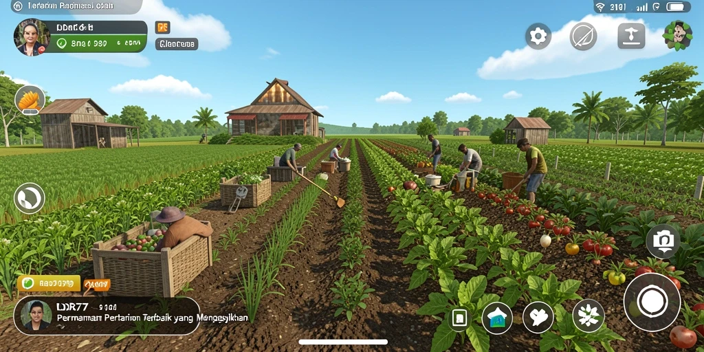 Screenshot gameplay IDR77 menampilkan kebun yang megah dan hewan ternak.