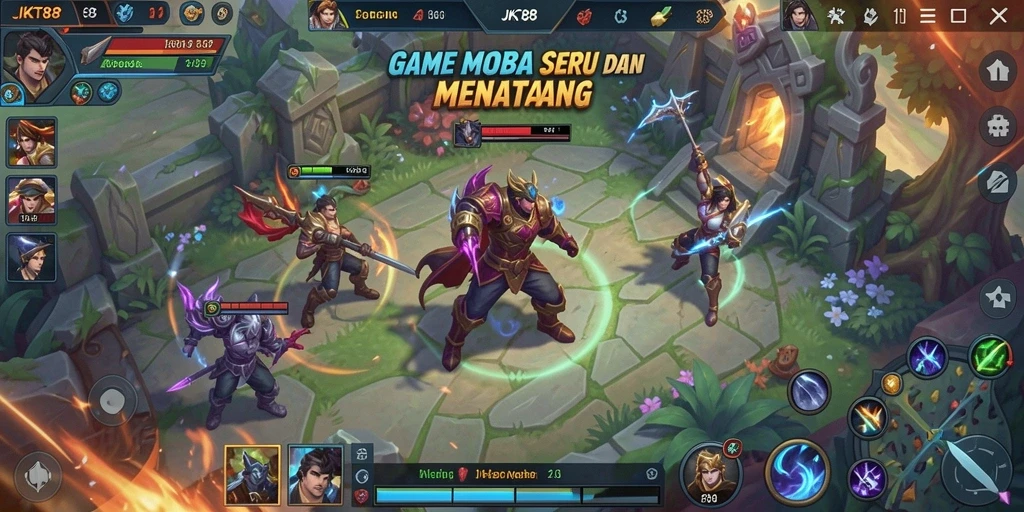 Tampilan gameplay JKT88 yang menegangkan dalam pertempuran MOBA.