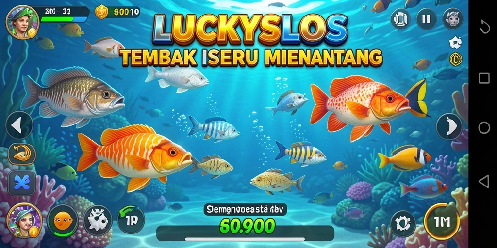 Tampilan gameplay LUCKYSLOTS dengan aksi menembak ikan.