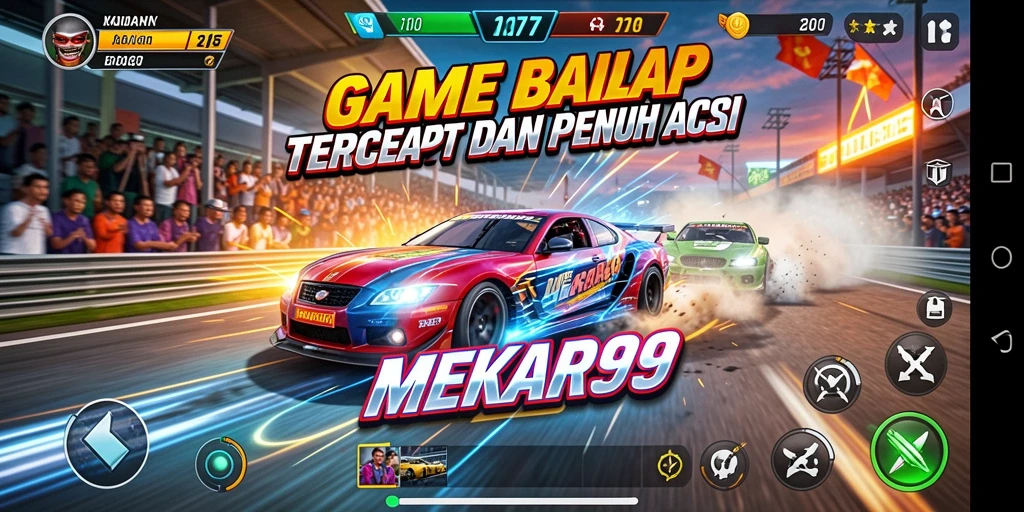 Gameplay balapan seru di MEKAR99 dengan mobil kustomisasi.